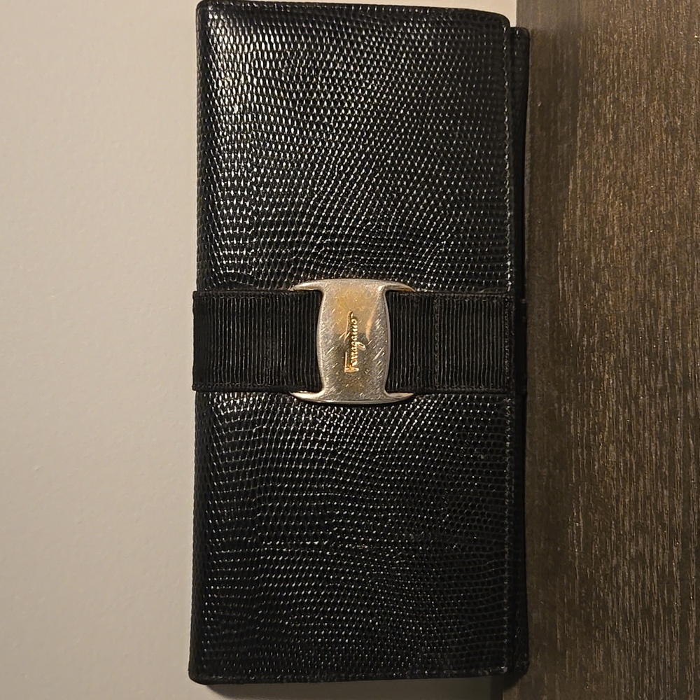 Salvatore Ferragamo Wallet Black Textured Accessory with Gold Detail